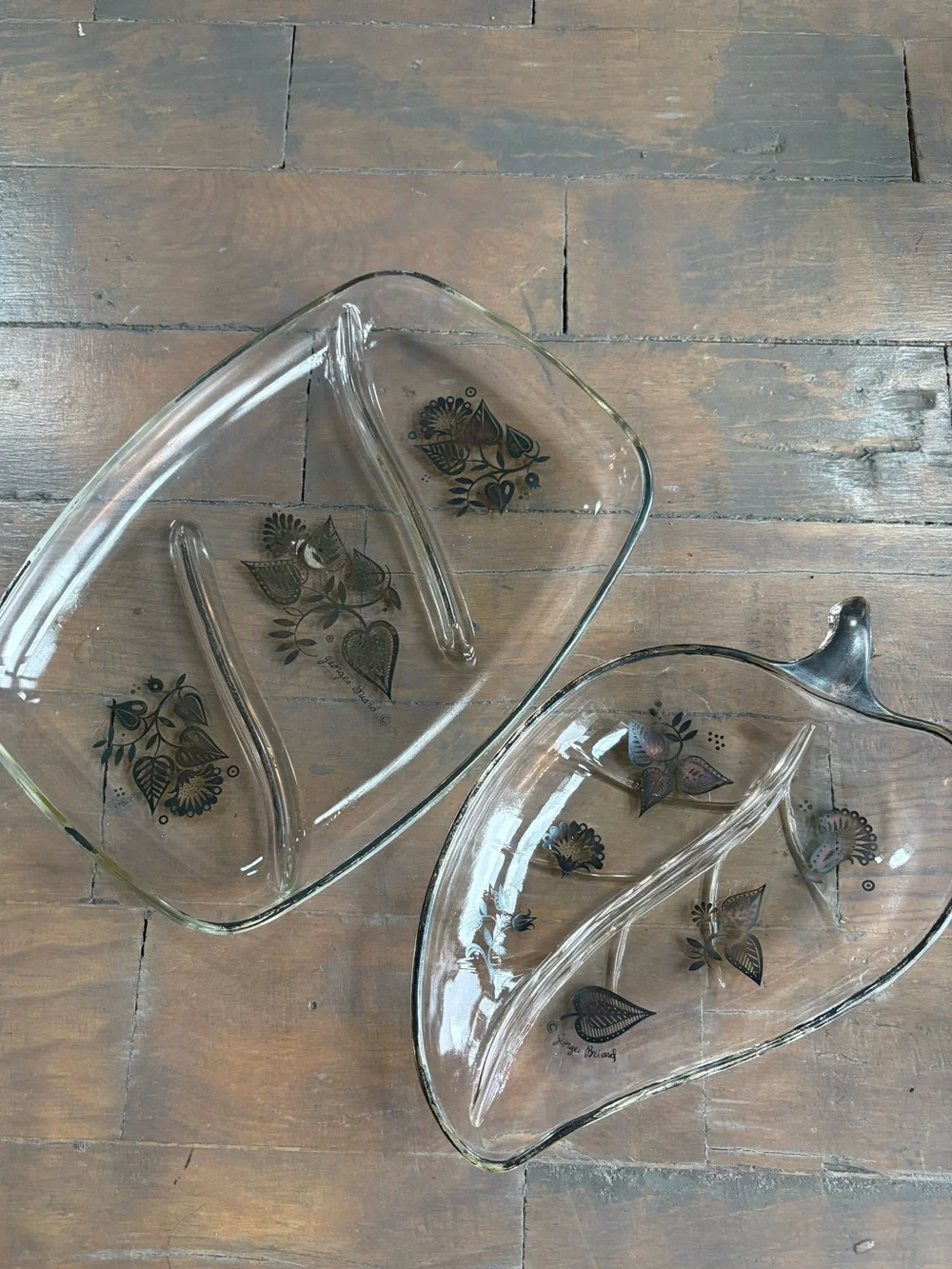 Vintage Clear Glass Divided Serving Dishes with Floral Motif by Georges Briard